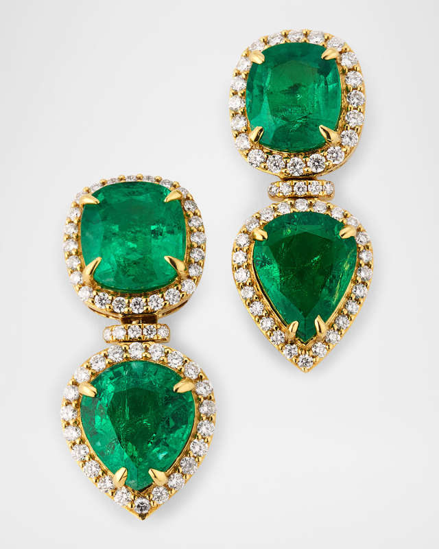 G-One 18K Yellow Gold Pear Shape and Cushion Cut Emerald Earrings with Diamonds